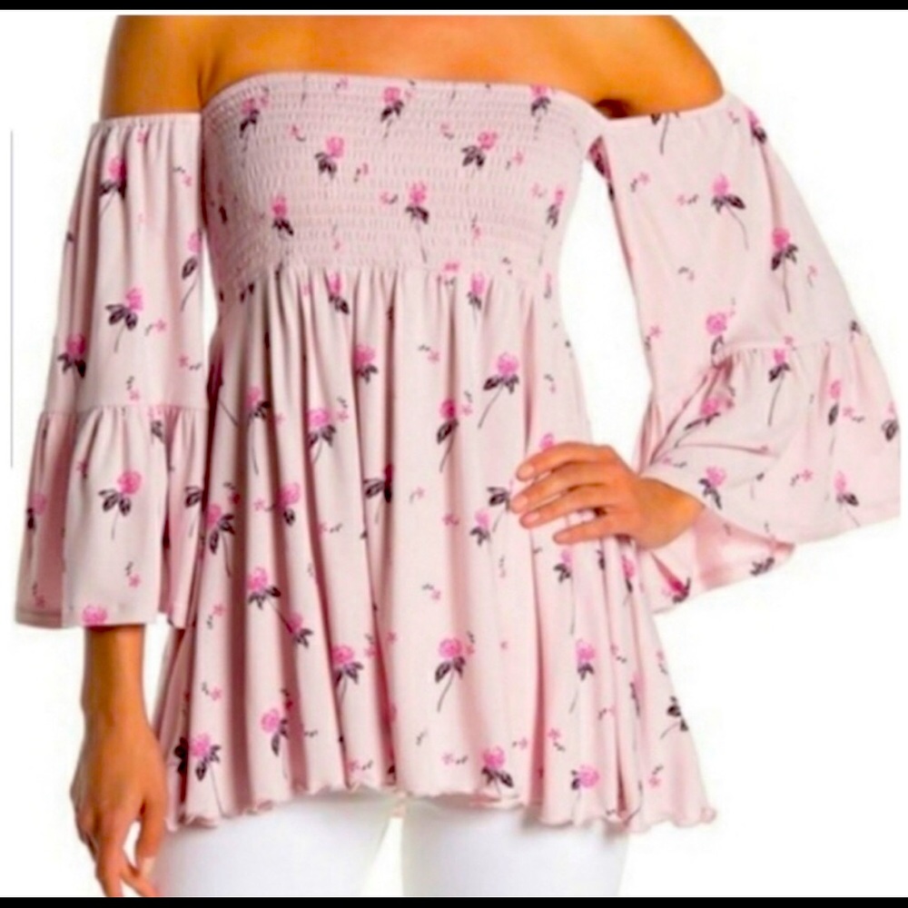 FREE PEOPLE BOHO PINK OFF THE SHOULDER TOP WITH FLOWING “BELL” SLEEVES - Picture 5 of 10